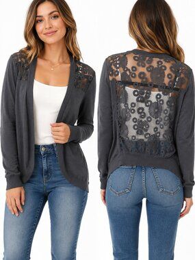 Dots Gray Lace Back Open Front Cardigan Size L
